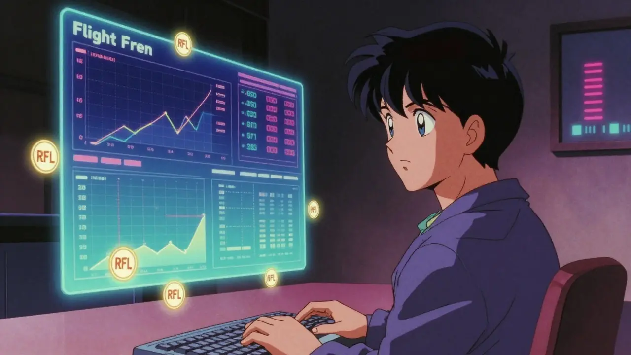 A trader watches AI trading panels analyze RFL market data with holographic tokens swirling around.
