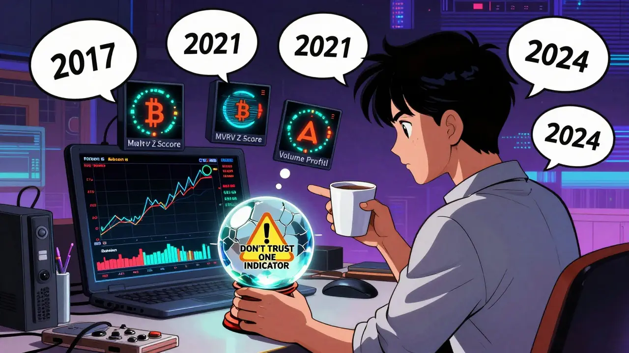 A young trader points at three glowing indicators while a cracked crystal ball warns against relying on just one signal.