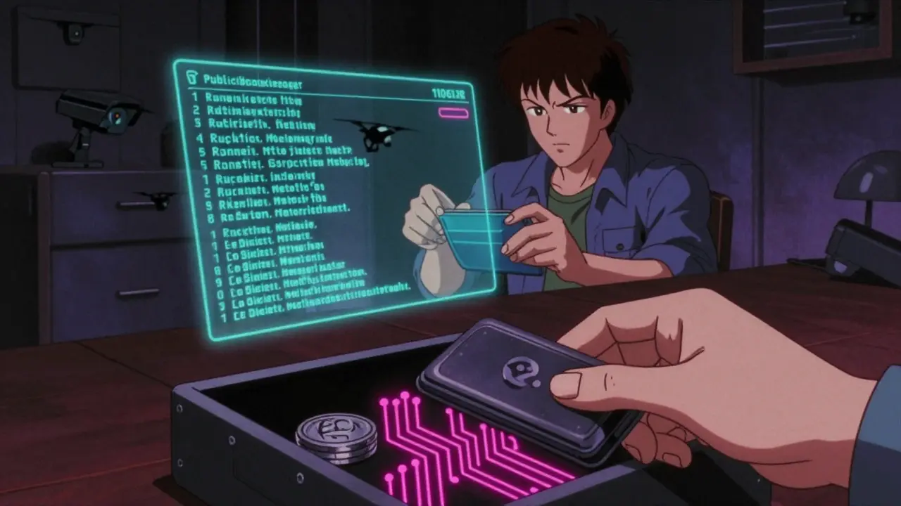 An activist transferring Monero in a shadowy room as surveillance drones vanish, with glowing blockchain trails representing privacy and defiance.