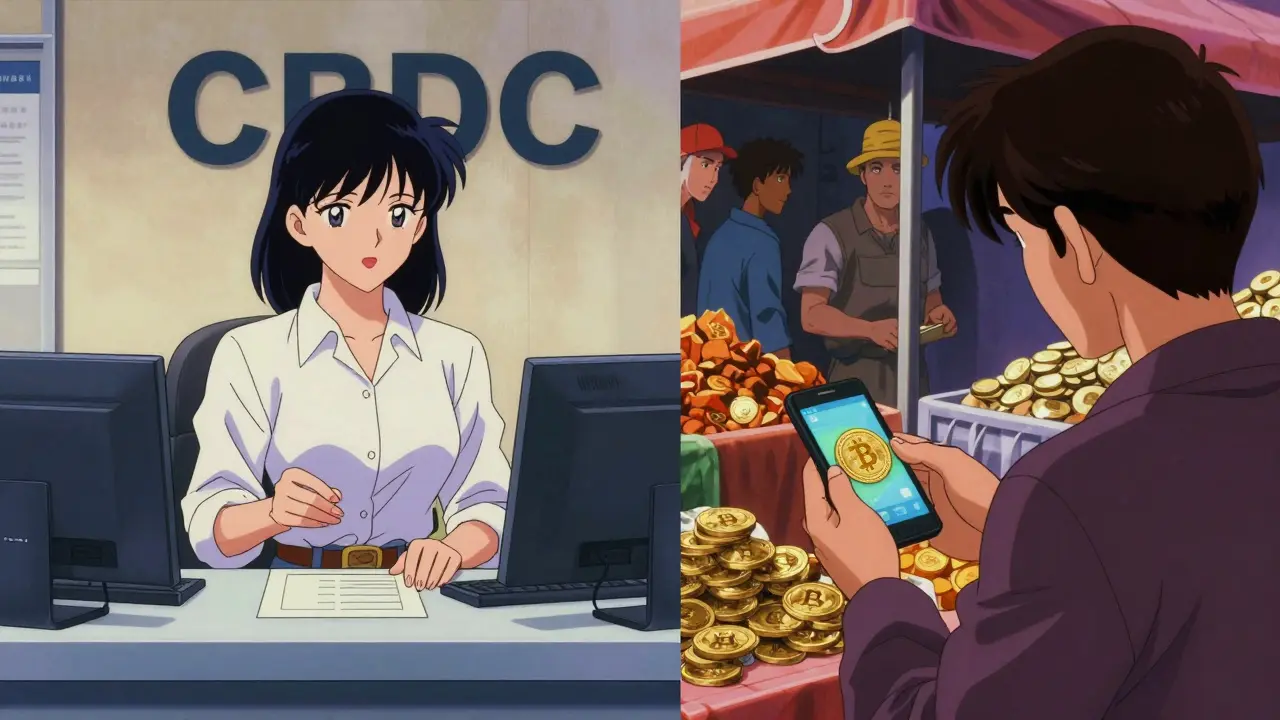 Anime scene of CBDC use in government office and cryptocurrency in market