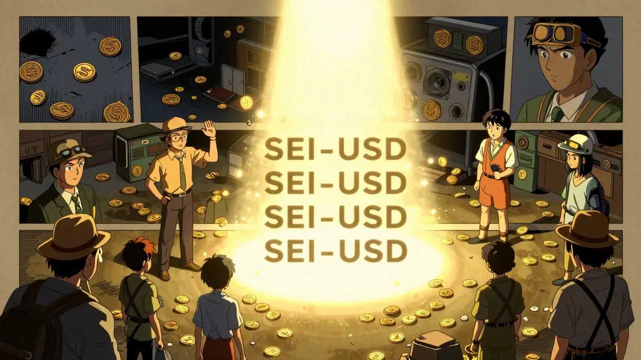 Bustling marketplace with glowing SEI-USD tokens under spotlight, other tokens in dim corner.