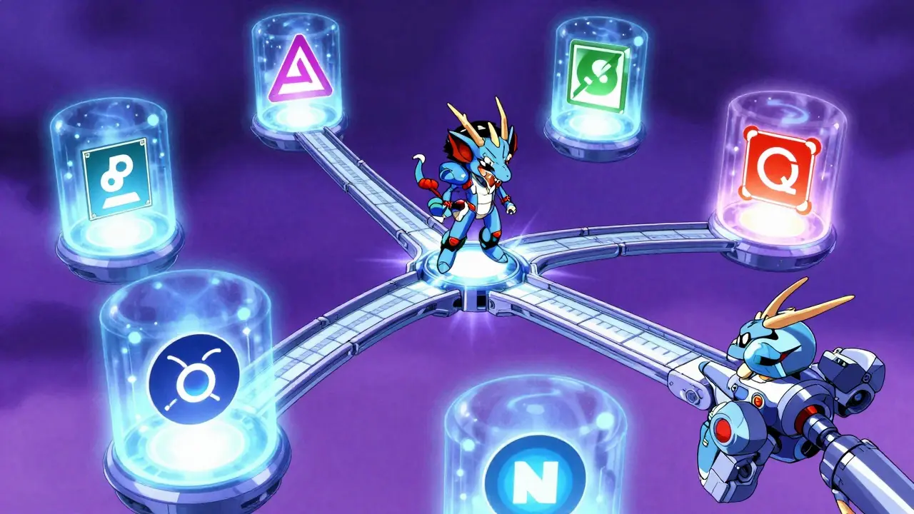 Dragon-like character bridging blockchain realms via glowing portals, vibrant colors.