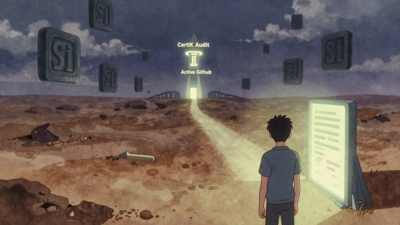 Empty SIL token contracts drifting away as a user turns from a scam portal toward a trusted DeFi tower.