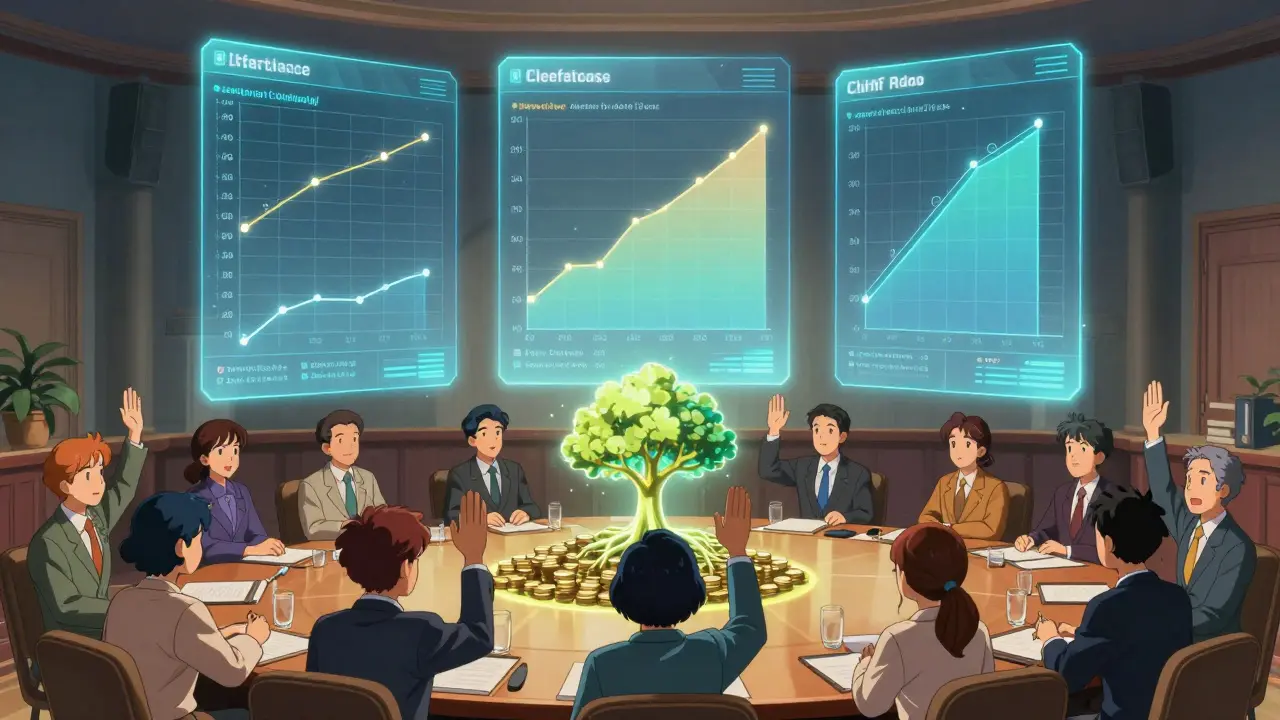 Holographic vesting timelines float in a DAO hall as characters vote for project growth.