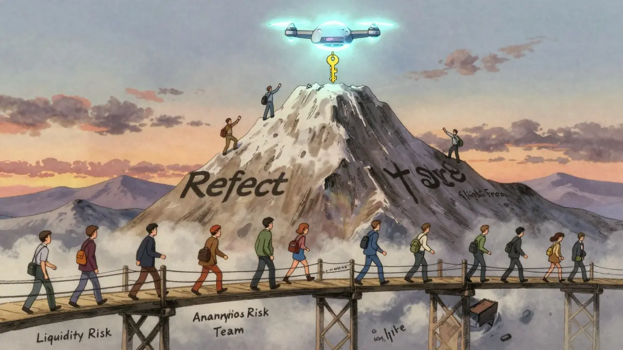 Investors cross a fragile bridge toward a mountain labeled 'Reflect', with AI drone dropping a key above.