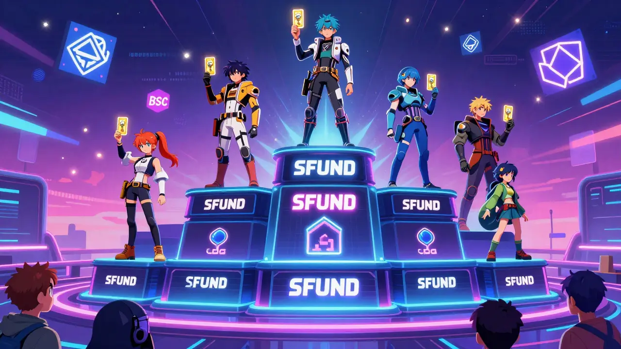 Neon tiered leaderboard with SFUND stakers receiving access keys to new crypto games.