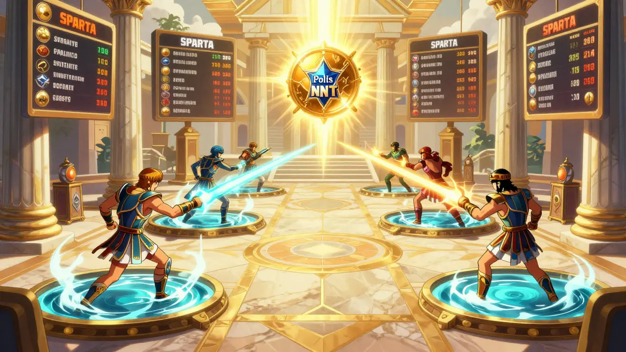 Players battle in a tournament using liquidity pools as weapons, with digital leaderboards and a central Polis NFT glowing in golden light.