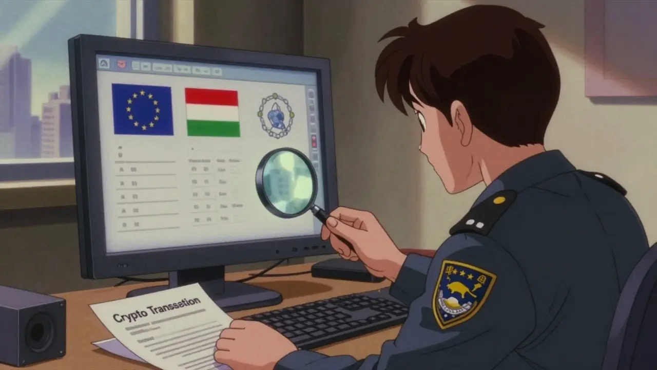 Regulatory officer reviewing sanctions lists on a monitor.