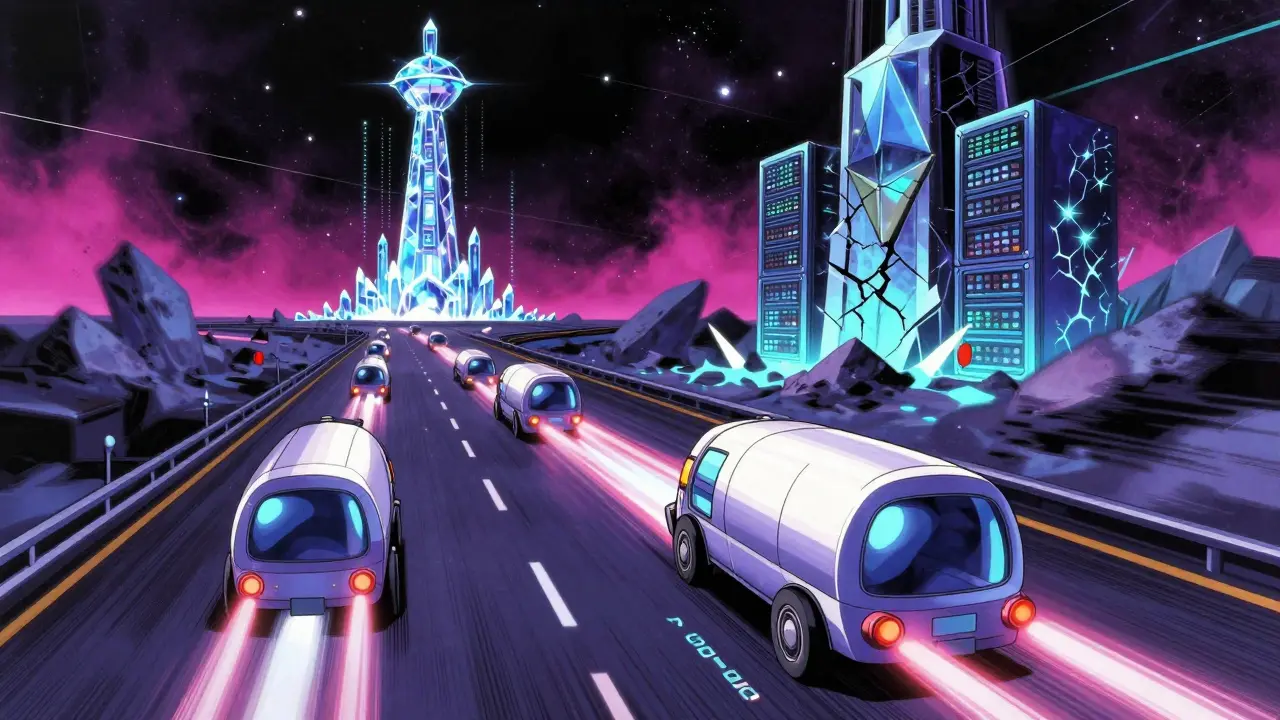 Rollup vehicles speeding along a cosmic data highway toward Celestia's glowing tower, with Ethereum's overloaded spire in the background.