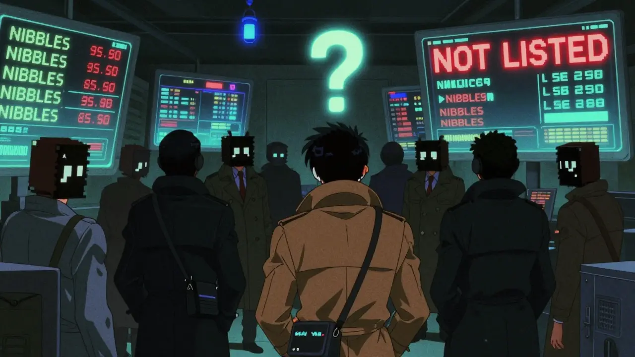 Shadowy traders scramble in a glitchy trading floor with conflicting market data and a 'NOT LISTED' warning.