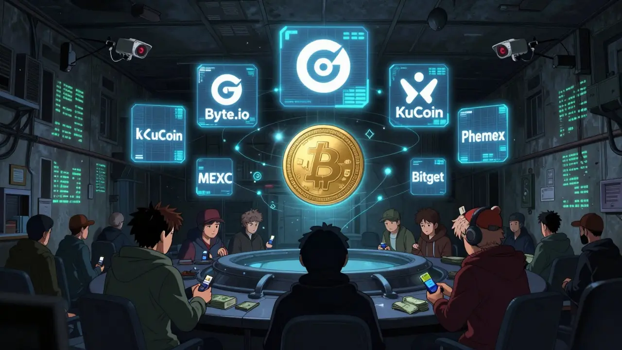 Six crypto exchange logos orbit a central A7A5 token in a hidden underground hub with traders exchanging cash.