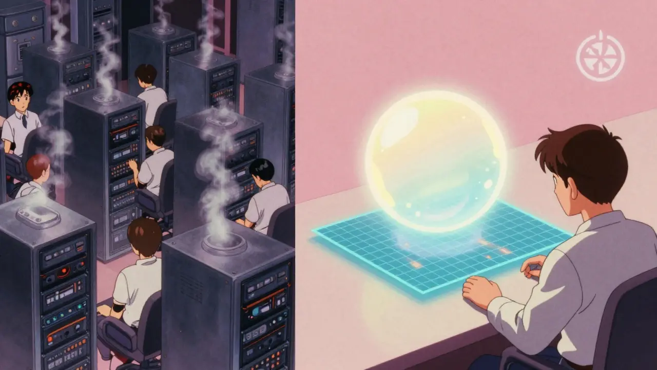 Split scene: chaotic old blockchain nodes vs. calm data availability layer with a glowing orb and sampling grid in retro anime aesthetic.