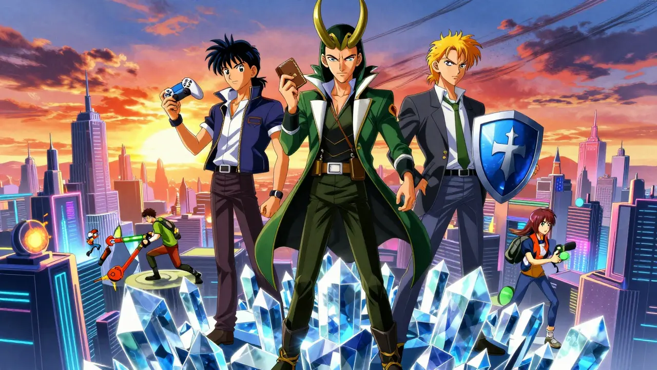 Three founders standing on a blockchain tower overlooking a thriving metaverse city at sunset.