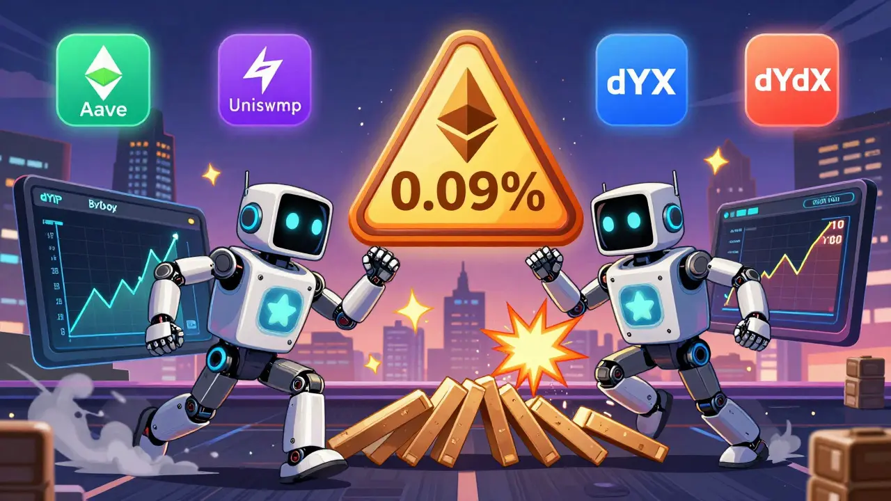 Two anime-style trading bots race to execute arbitrage across exchanges, with price charts exploding and platform logos glowing in a retro anime skyline.