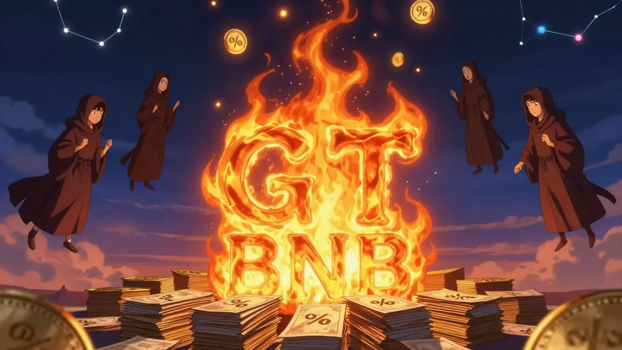 A burning token pyre with GT and BNB flames as stakers chant, symbolizing supply reduction in retro anime aesthetic.