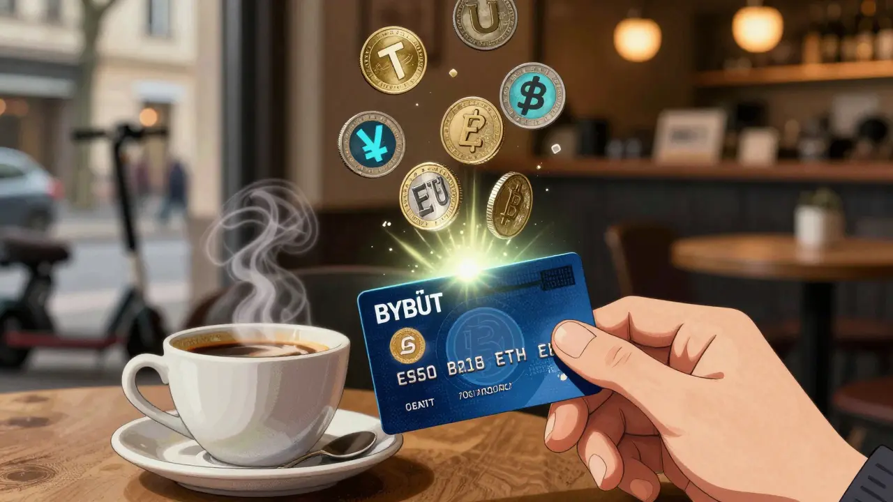 A Bybit Card is being used at a café, converting crypto into EUR coins with cashback notifications.