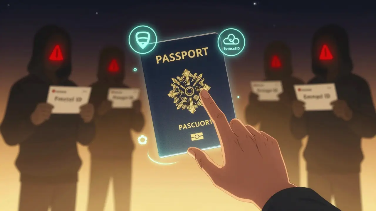 A digital identity passport hovers above a blockchain ledger, with verified identity symbols glowing while shadowy scam figures lurk nearby.