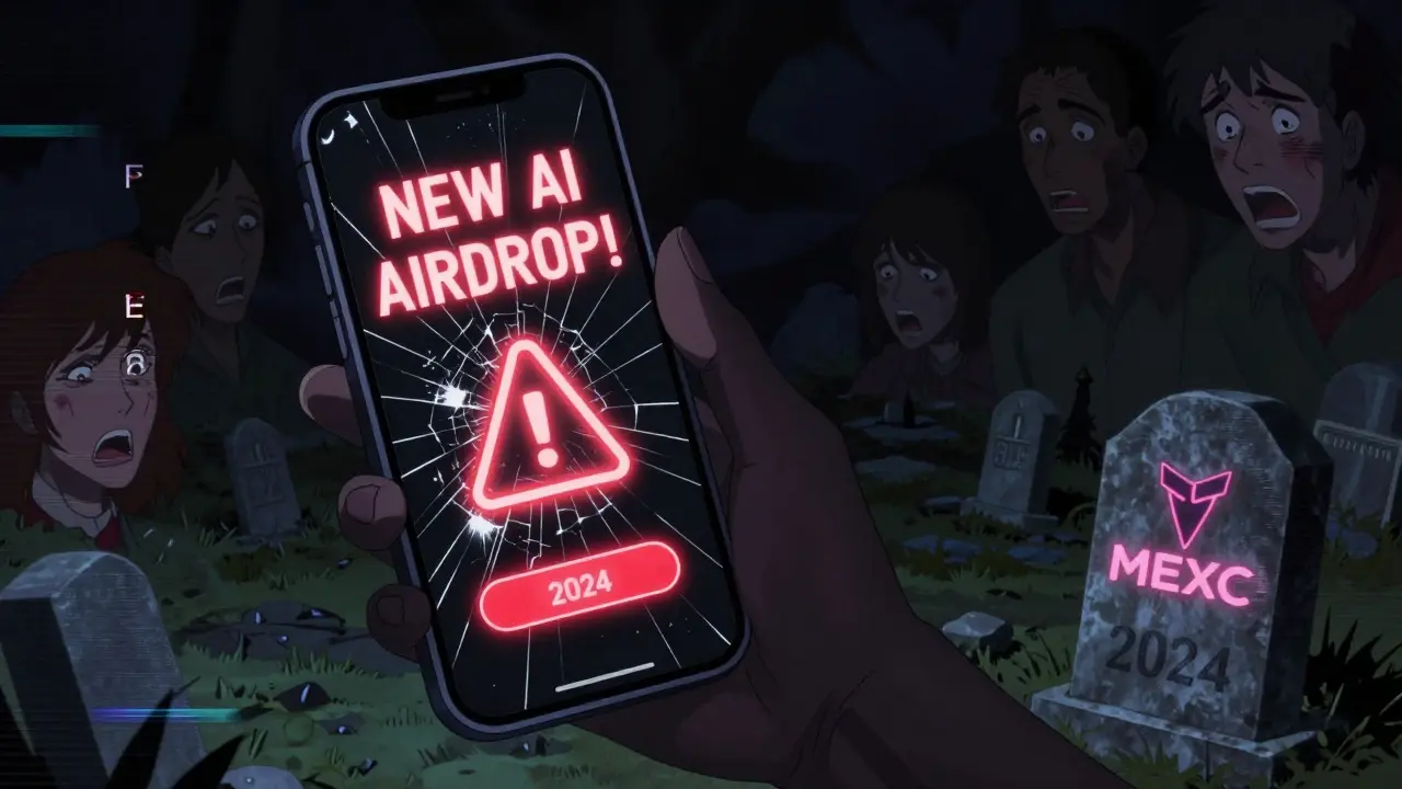A fake airdrop notification glows on a cracked phone as shadows reach out in retro anime style.