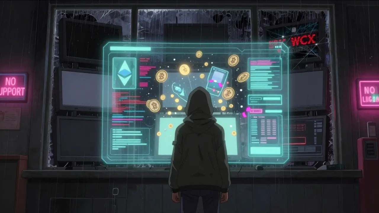 A figure facing a flickering holographic exchange interface that dissolves into static, with warning signs in the background.