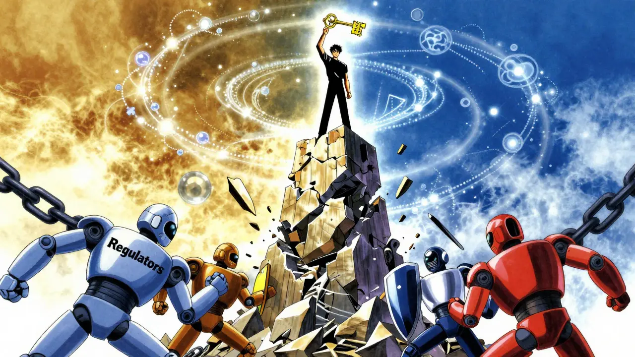 A figure holds a key labeled 'Selective Privacy' as regulators and hackers battle below a crumbling blockchain tower.