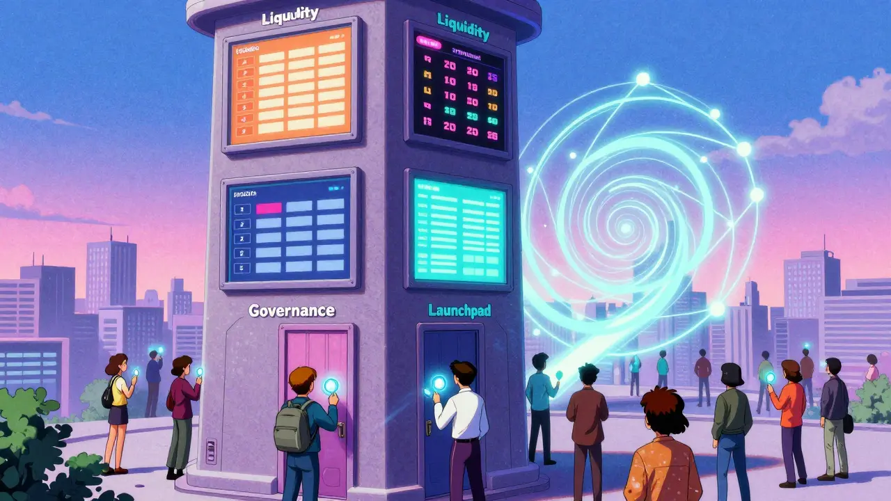 A futuristic exchange tower with glowing doors for governance and launchpad access, surrounded by users in retro anime style.