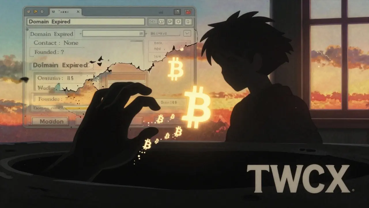 A hand reaching into a black void labeled TWCX as Bitcoin icons fade away, surrounded by crumbling web clues.