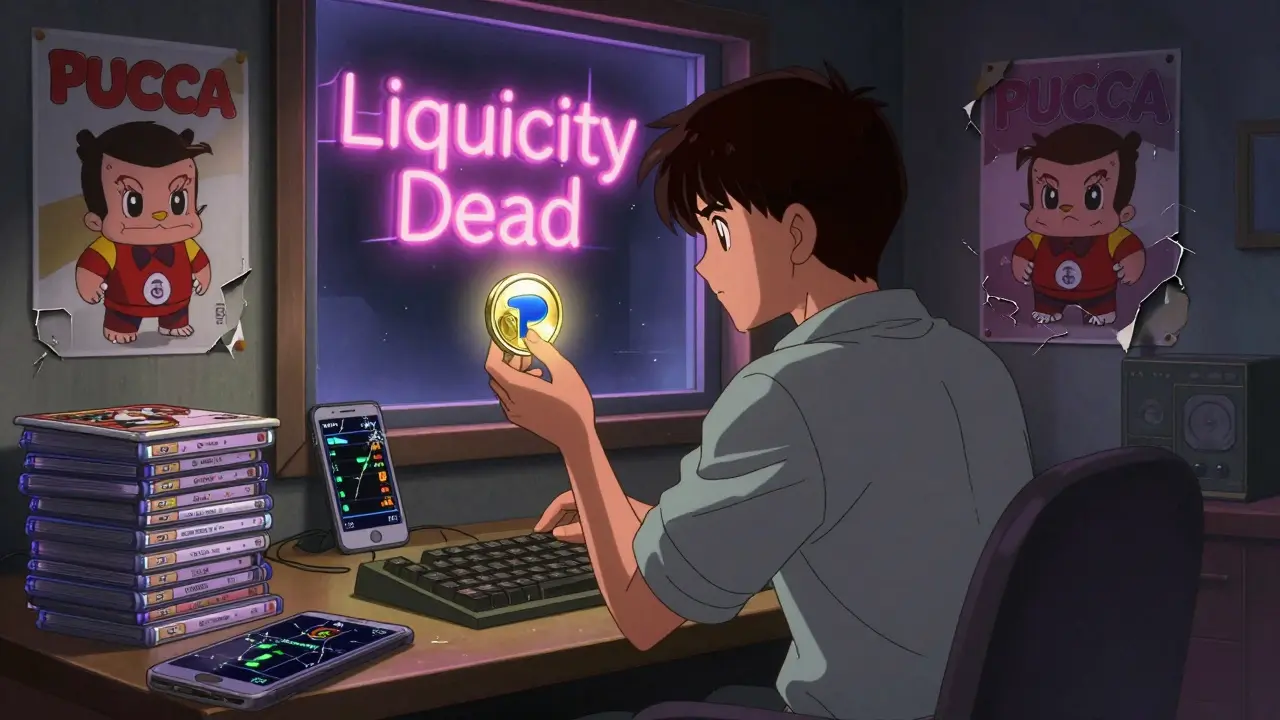 A lone trader surrounded by old Pucca DVDs and flickering crypto charts in a dim room.