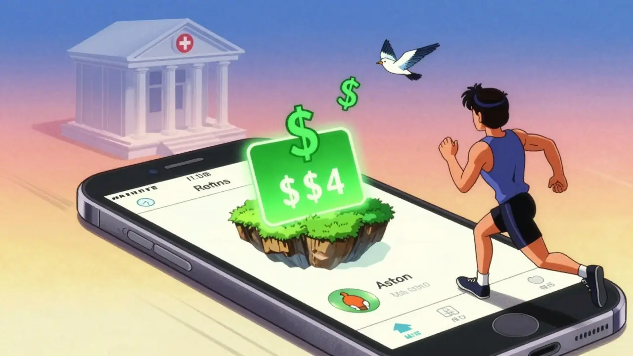 A person jogging as digital savings rise from their phone like a floating island, with a glowing bank symbol in the sky.
