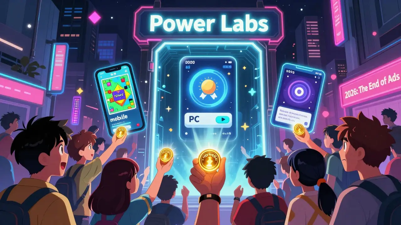 A portal opens to three new apps as users receive POWER tokens in a neon-lit city, symbolizing the end of ads.