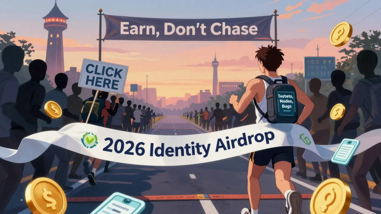 A runner crosses a finish line labeled '2026 Identity Airdrop' holding verified badges, while others chase fake links in a retro anime style.