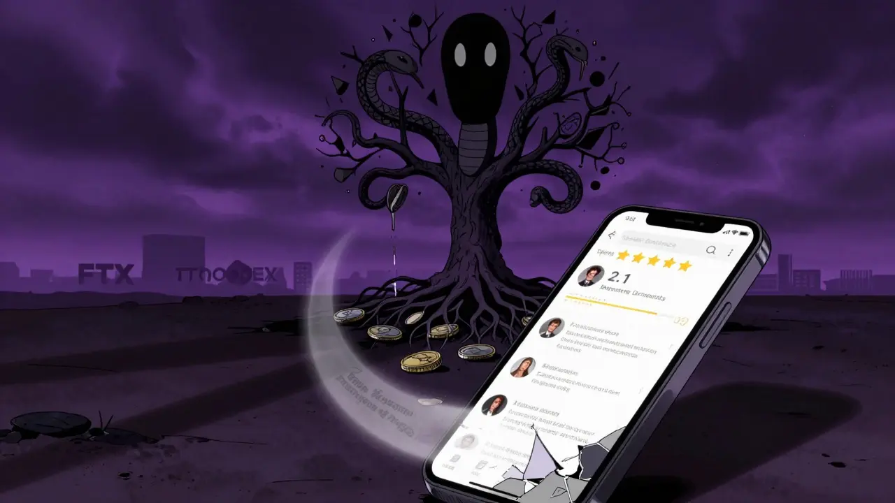A serpent-like logo drains coins from wallets as ghostly user comments float, crumbling blockchain tree in dystopian retro anime scene.