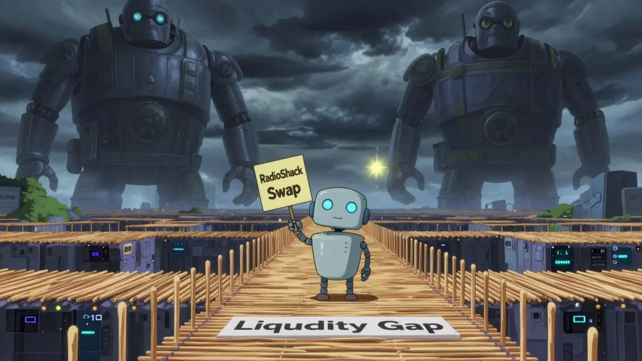 A small robot on a toothpick bridge over a liquidity chasm, dwarfed by giant crypto exchanges