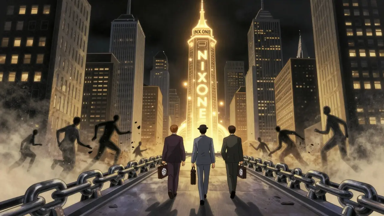 A symbolic bridge linking Wall Street to a blockchain tower, representing regulated crypto innovation.