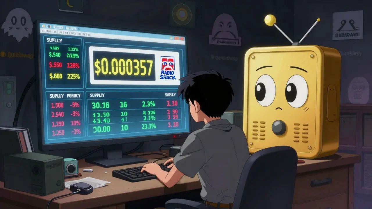 A trader surrounded by conflicting crypto data, with a skeptical RADIO token watching