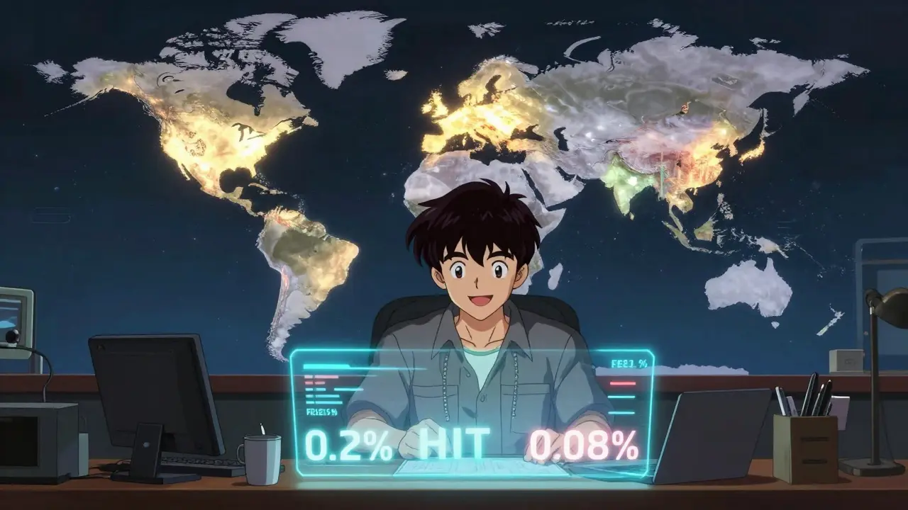 A trader watching fees drop as HT tokens rise, with a world map showing global trading activity.