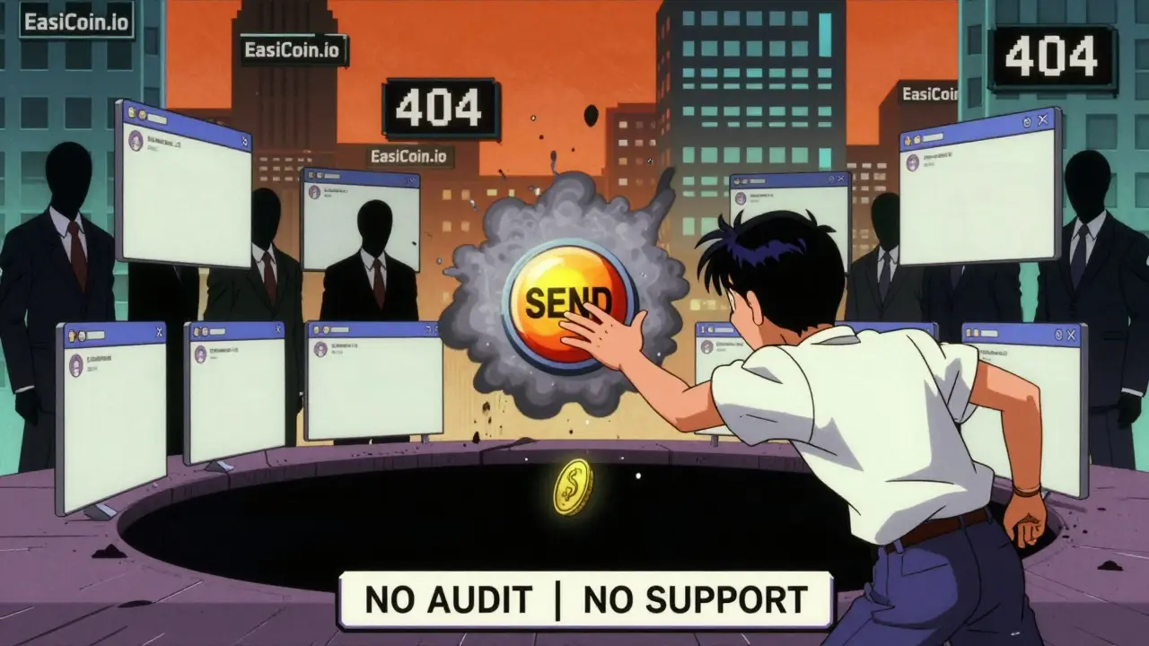 A user reaches for a dissolving withdrawal button while shadowy figures watch, coins vanish into a void in nostalgic 90s anime style.