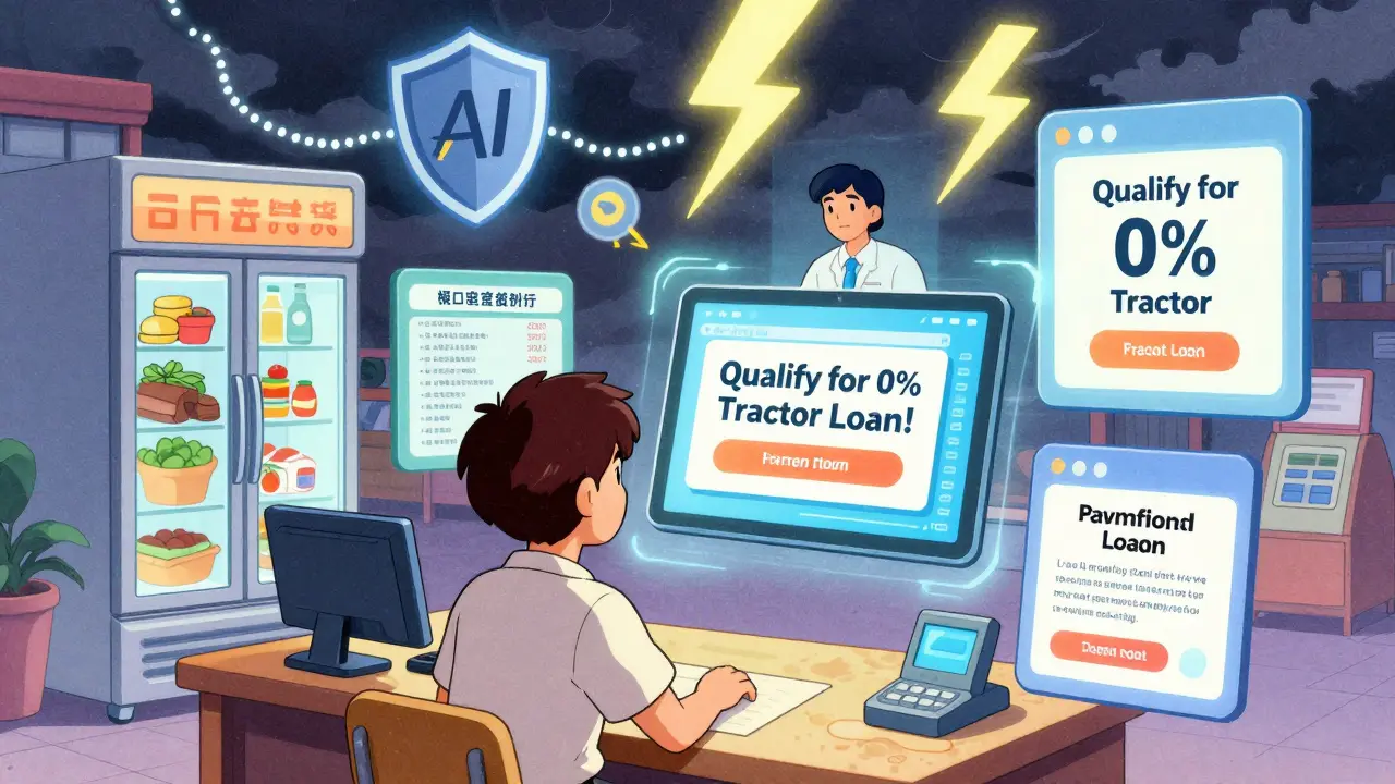 A workshop owner sees a holographic AI loan offer while smart devices around them display embedded finance features.