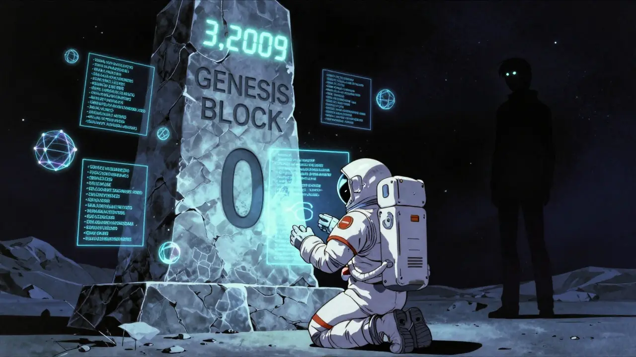 An astronaut before a monumental genesis block under a pulsing timestamp, with Satoshi in the stars.