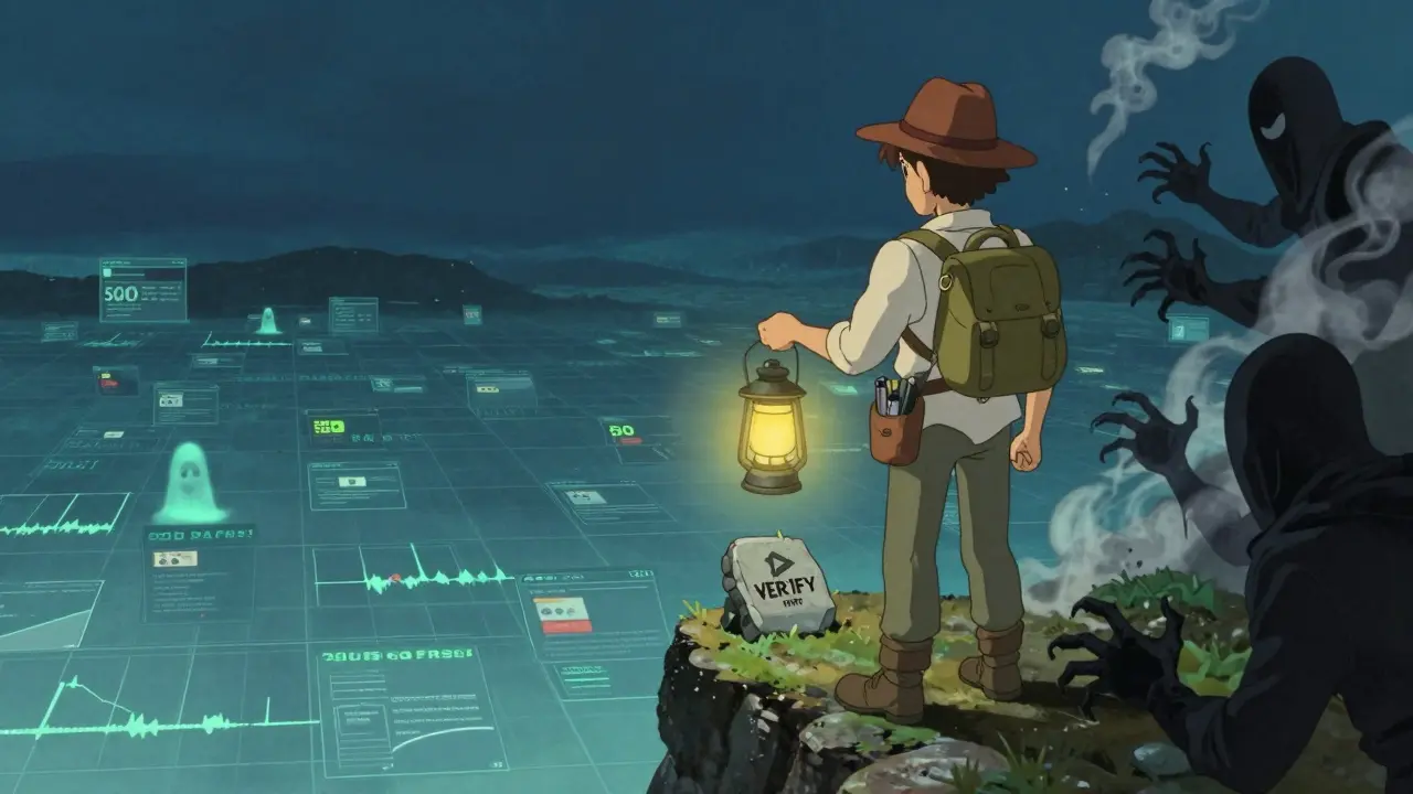 An explorer holding a 'VERIFY' lantern at a blockchain cliff, facing shadowy scammers dissolving into smoke.