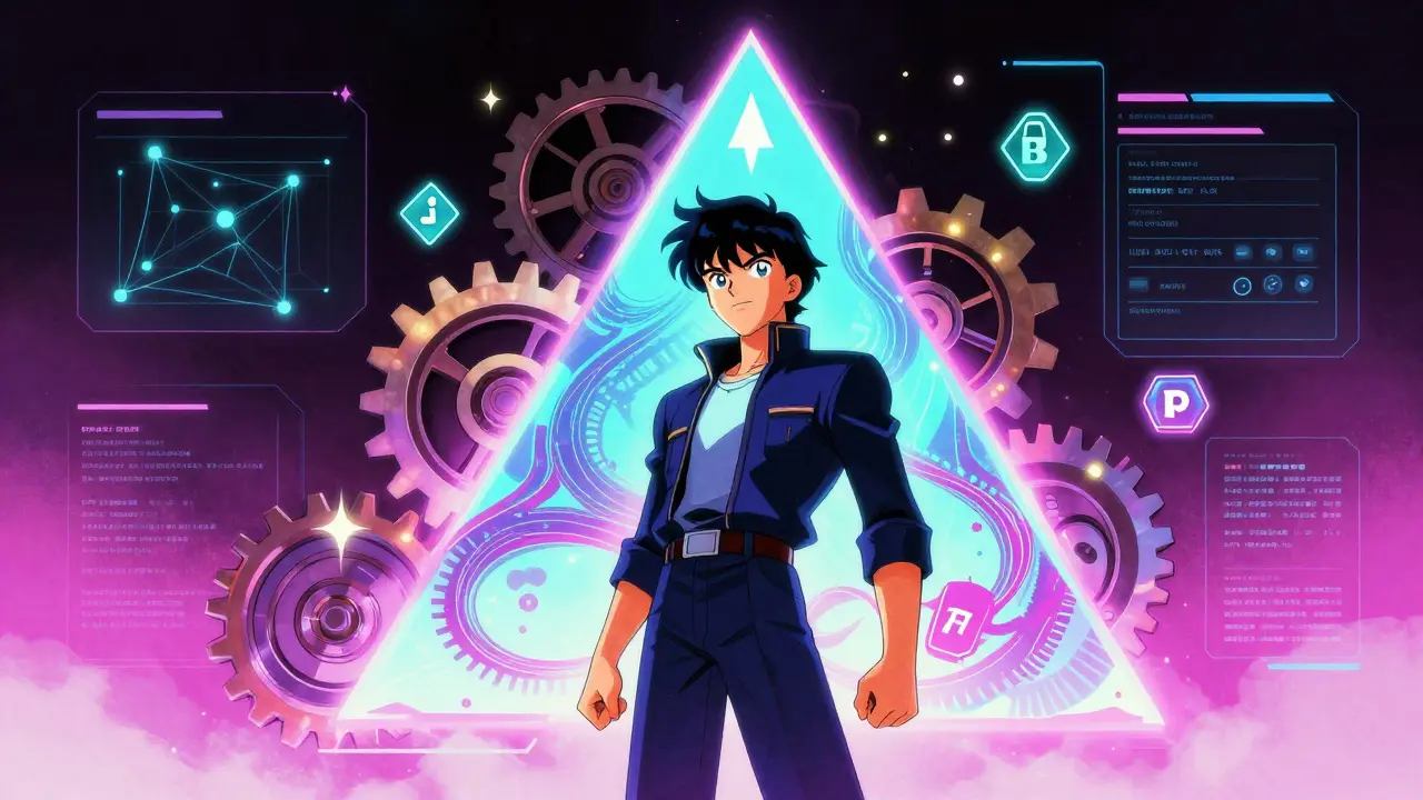 Anime character interacting with futuristic growth multiplier interface.