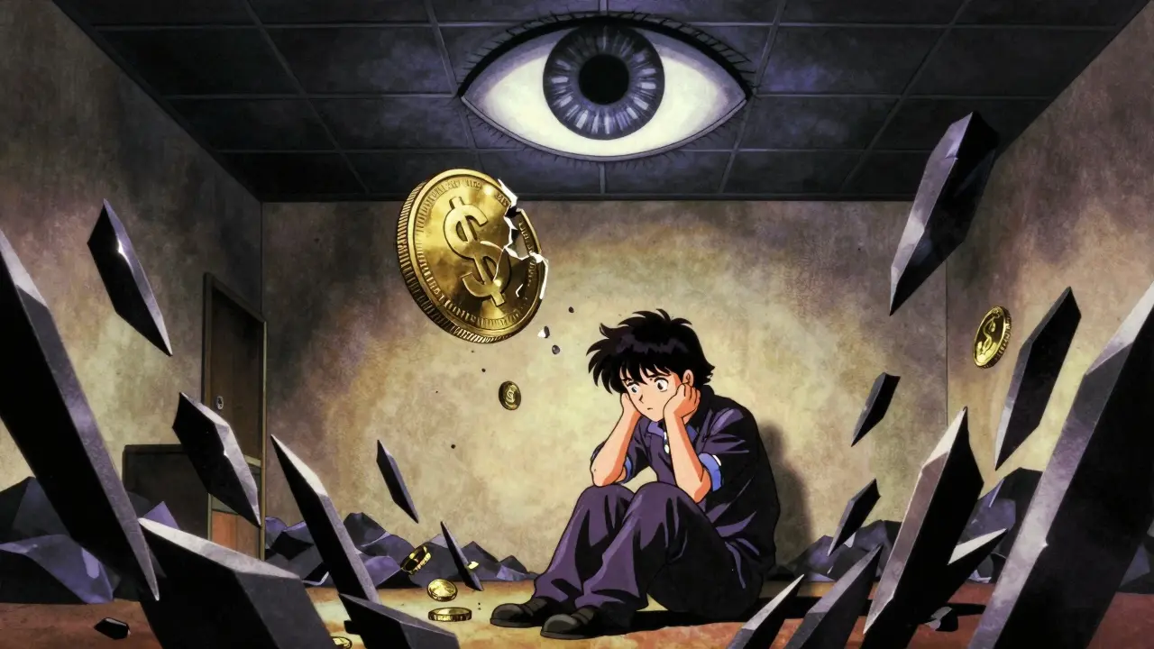 Anxious person viewing broken coin under surveillance eye