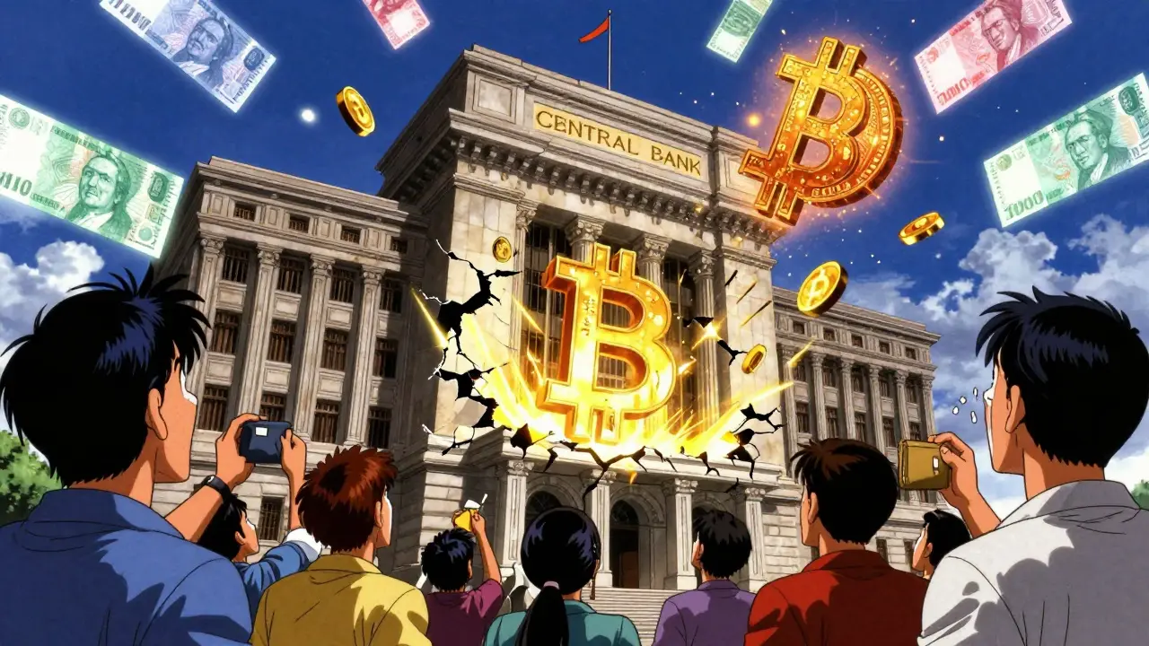 Bolivia's crypto ban is lifted as golden Bitcoin symbols explode from the Central Bank into the sky.