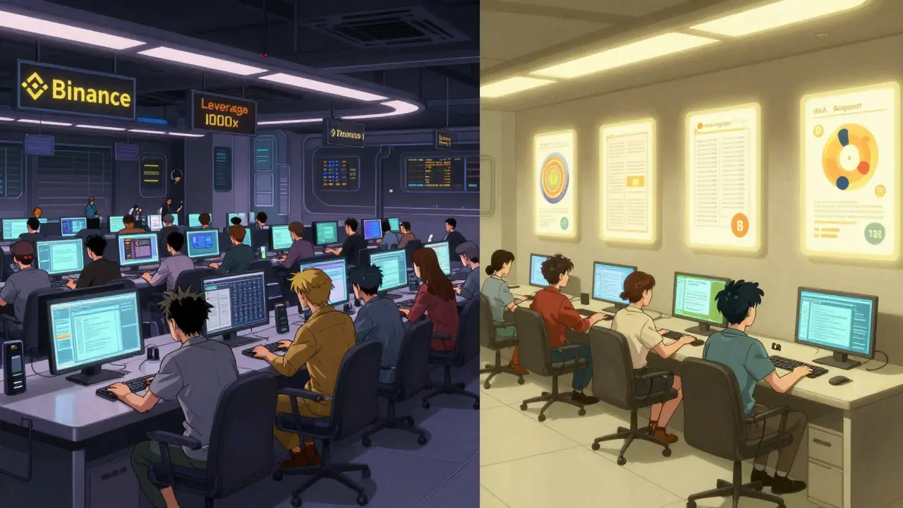Contrasting chaotic unregulated crypto traders with calm INX Digital users in a futuristic trading room.