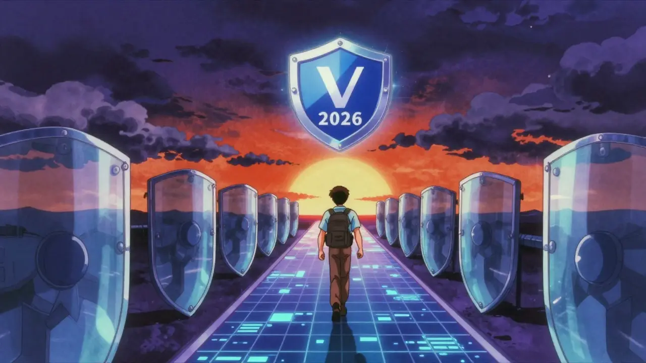 Cyberpunk inspired scene of secure blockchain network path forward.