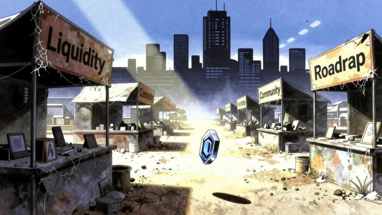 Empty crypto stalls fade into darkness while successful AI projects shine in the distance.