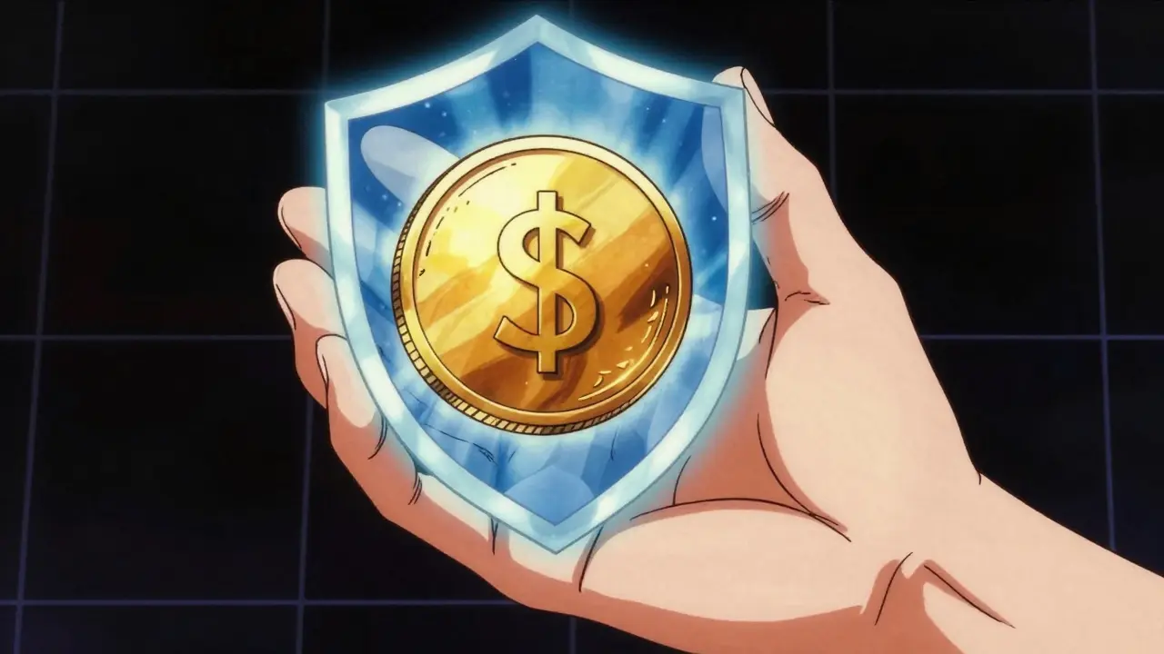 Glowing coin protected by an energy shield in a vintage anime illustration.