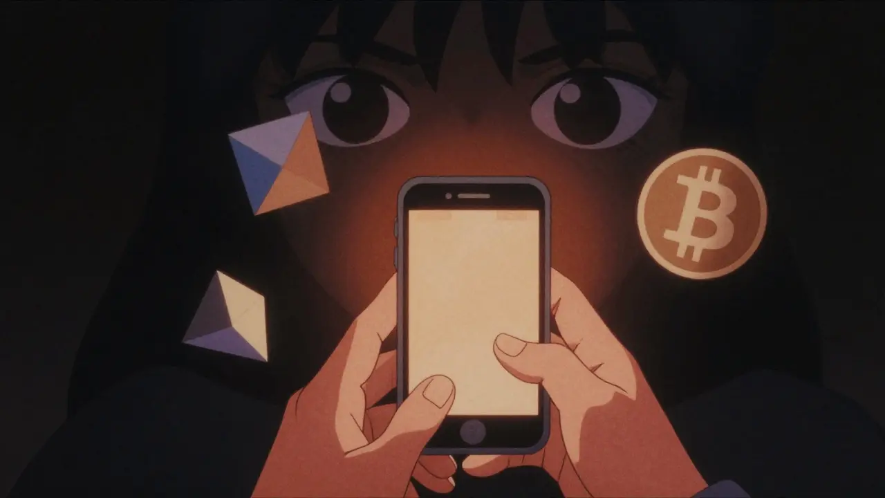 Hands holding glowing phone in dark room with shadowy surveillance.