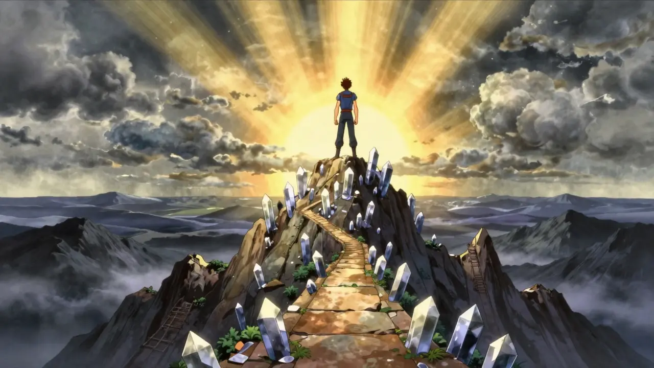 Hero on mountain peak looking over stormy valley sunrise