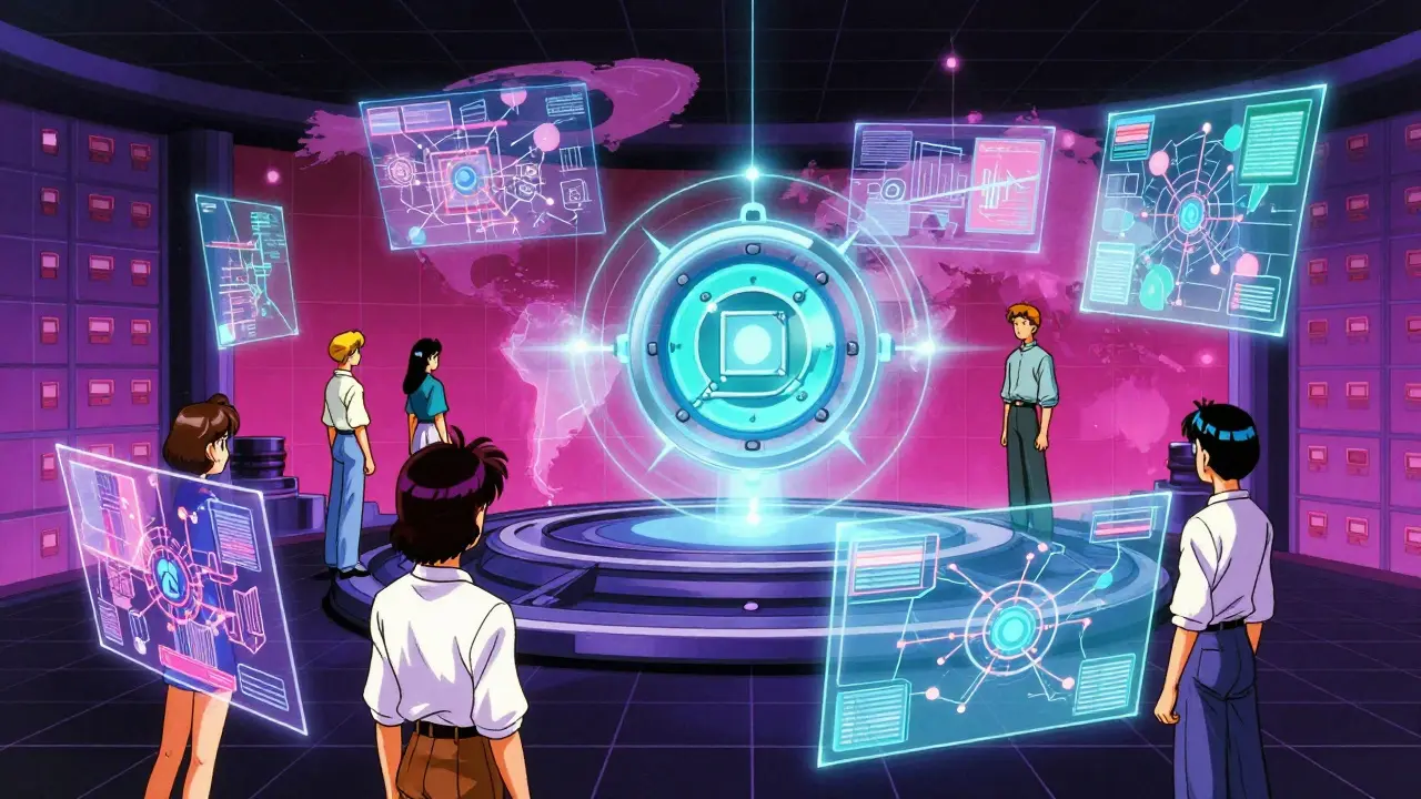 High tech room with holographic screens showing global connections