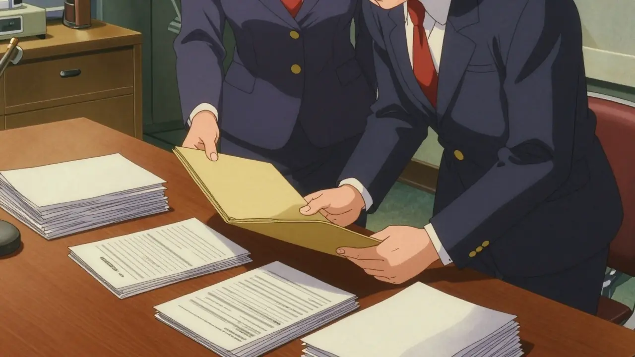 Officials reviewing legal documents on a table in a retro animated office.